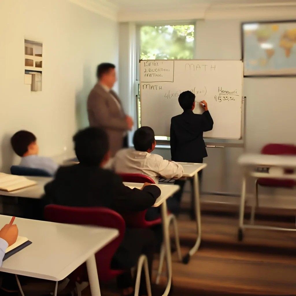 Students in a classroom, one writing on a whiteboard while others watch from desks.